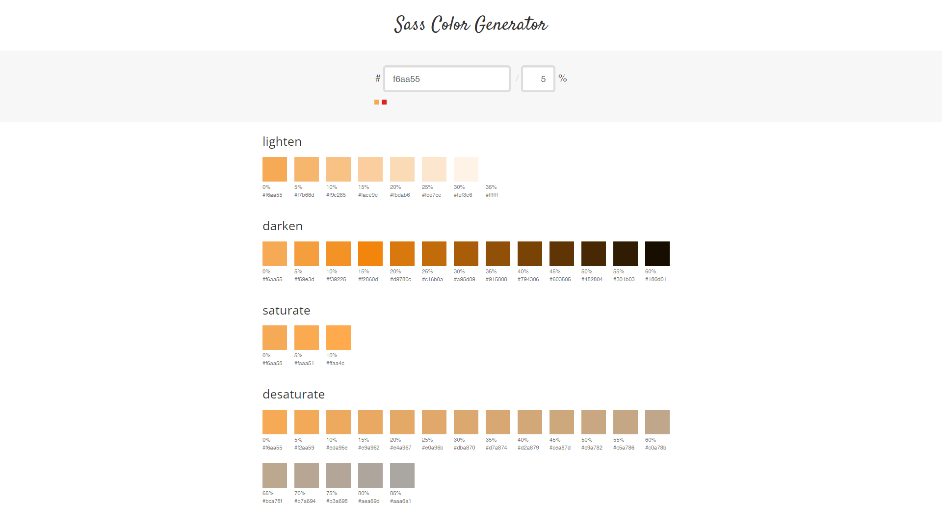 Sass color generatorでともちゅんの体の色のカラーコードを入力した結果。